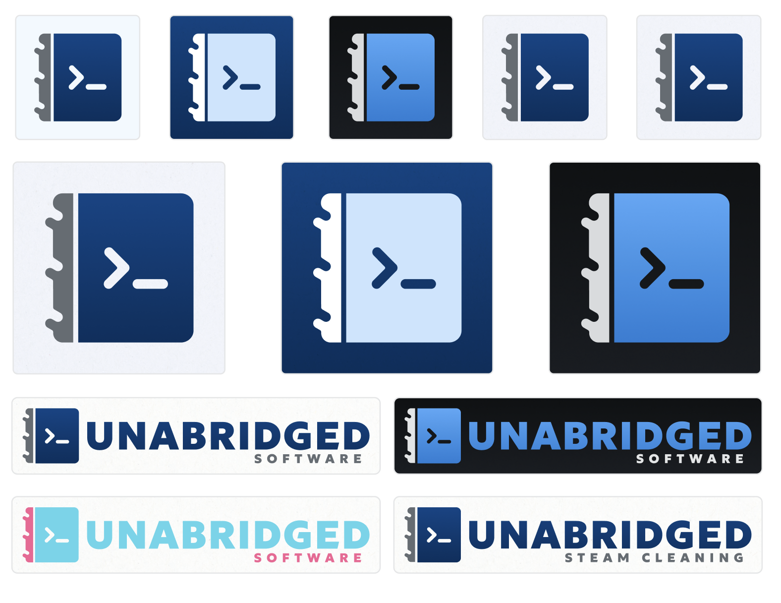 Unabridged logo system Complete Unabridged logo system showing icon, wordmark, and variants
